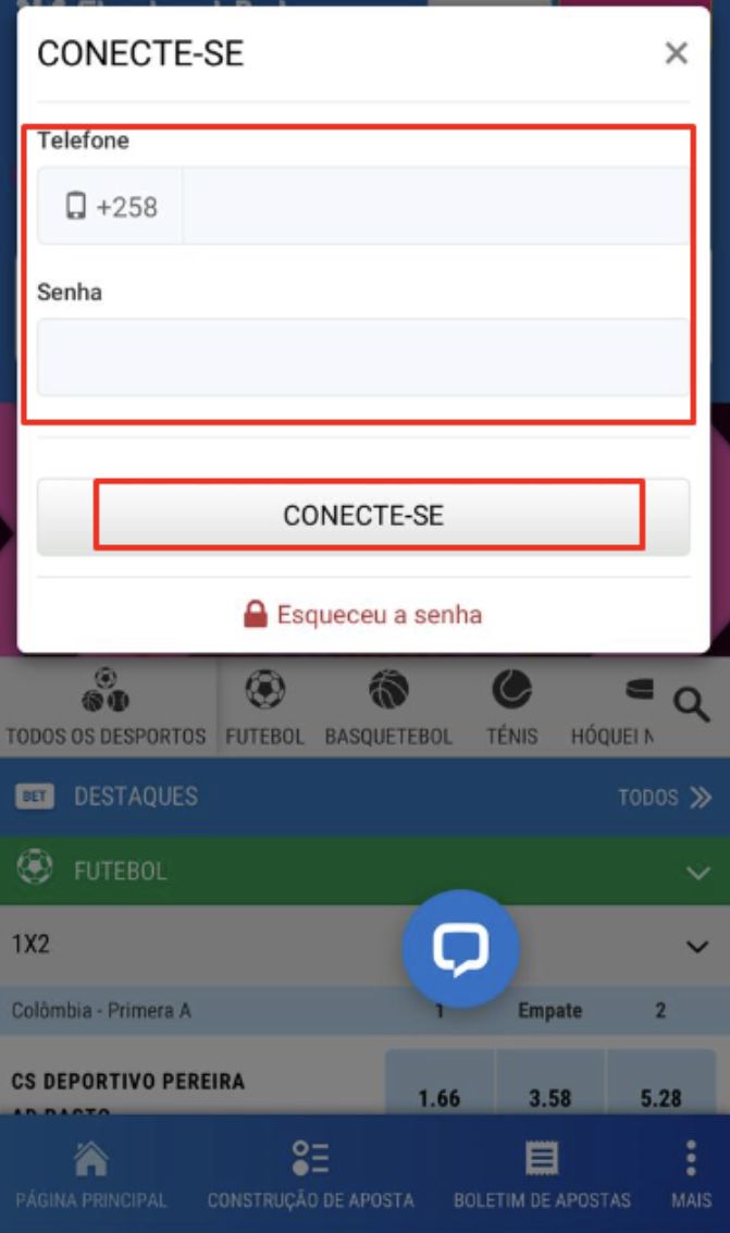 Página de login da Elephant Bet mobile Moçambique