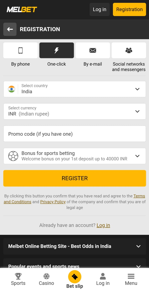 App registration on Melbet