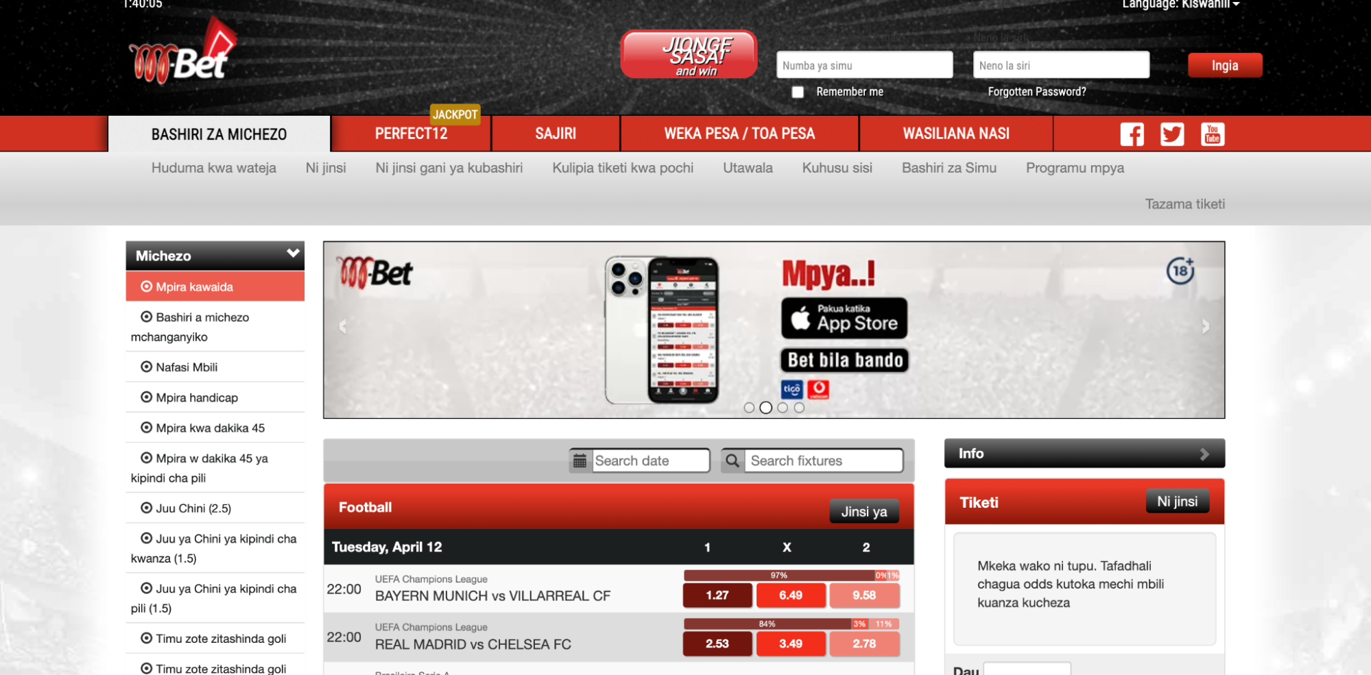 M-Bet homepage - Tanzania