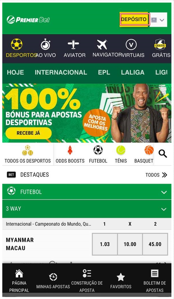 Página inicial da Premier Bet Moçambique