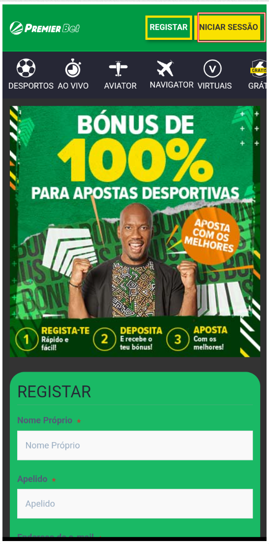 Página de Login da Premier Bet Moçambique