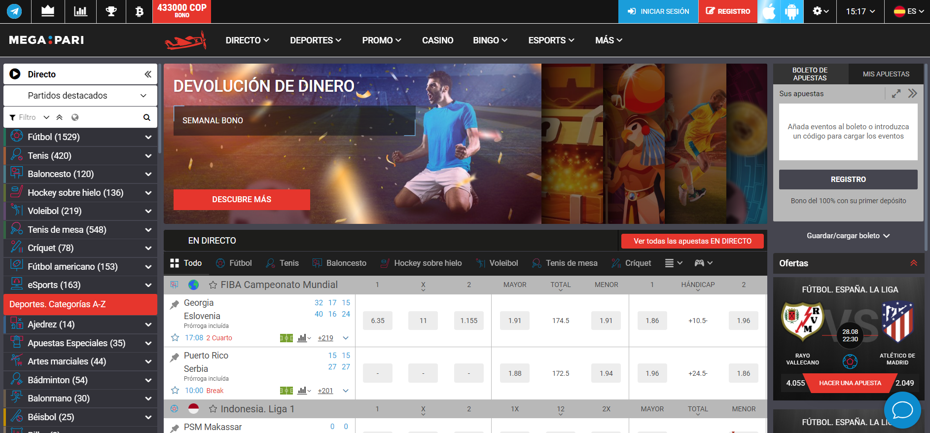 Imagen del sitio web megapari con sus categorías de deportes, eventos y mercados