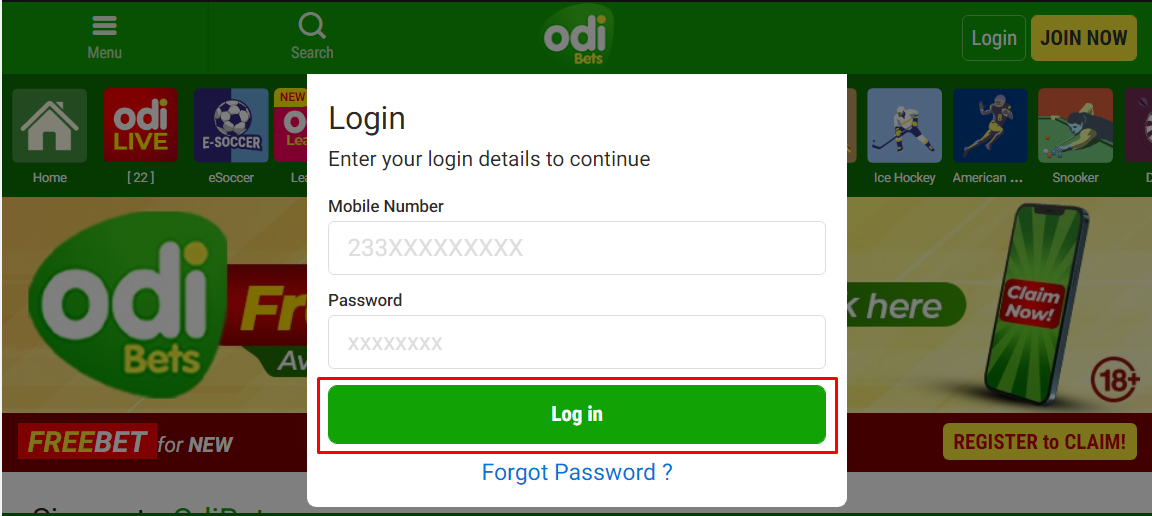 An image of the Odibets Ghana login page