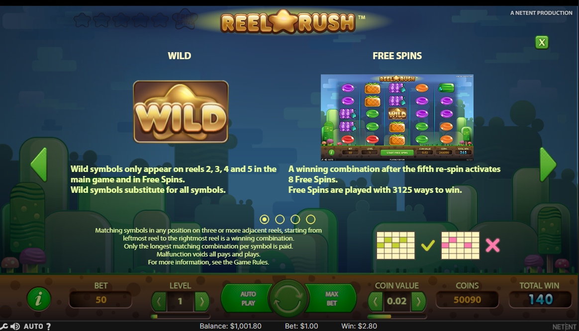 An image showing information on wilds and free spin in Reel Rush