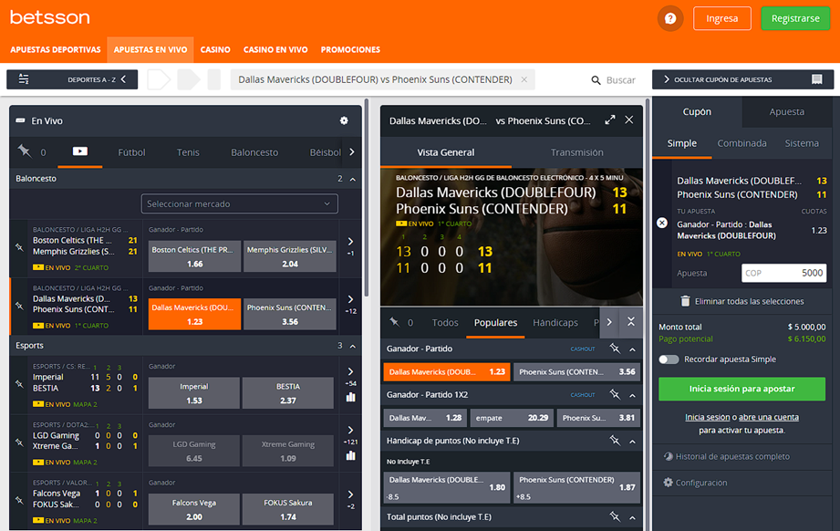 Sección de apuestas en directo del sitio nuevo de Colbet