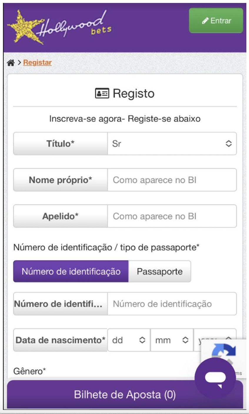 Página de registo da Hollywoodbets