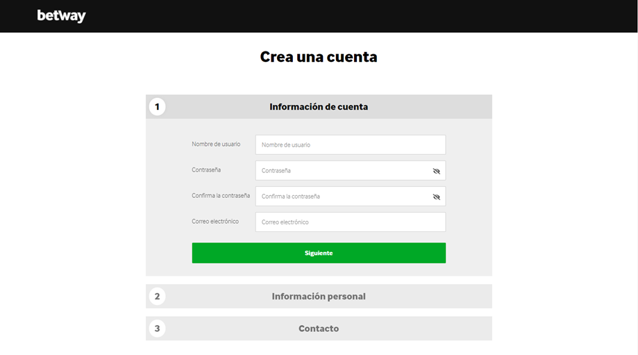 Muestra el formulario para registrarse en Betway Perú