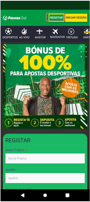 Página inicial da Premier Bet Moçambique 