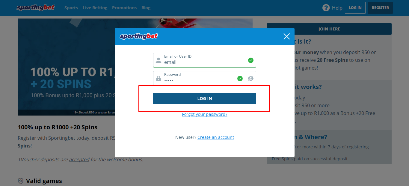 Sportingbet conclude  login process