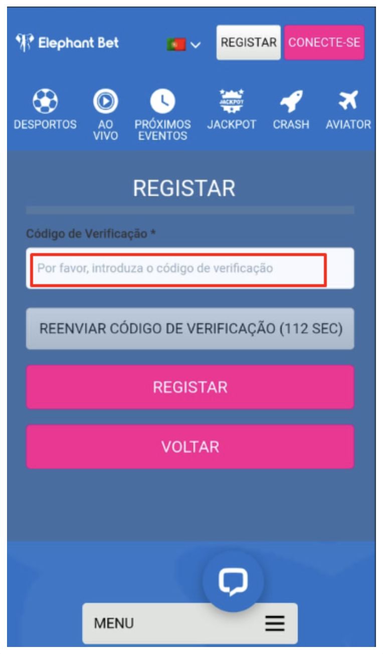 Inserção da senha enviada para o utilizador