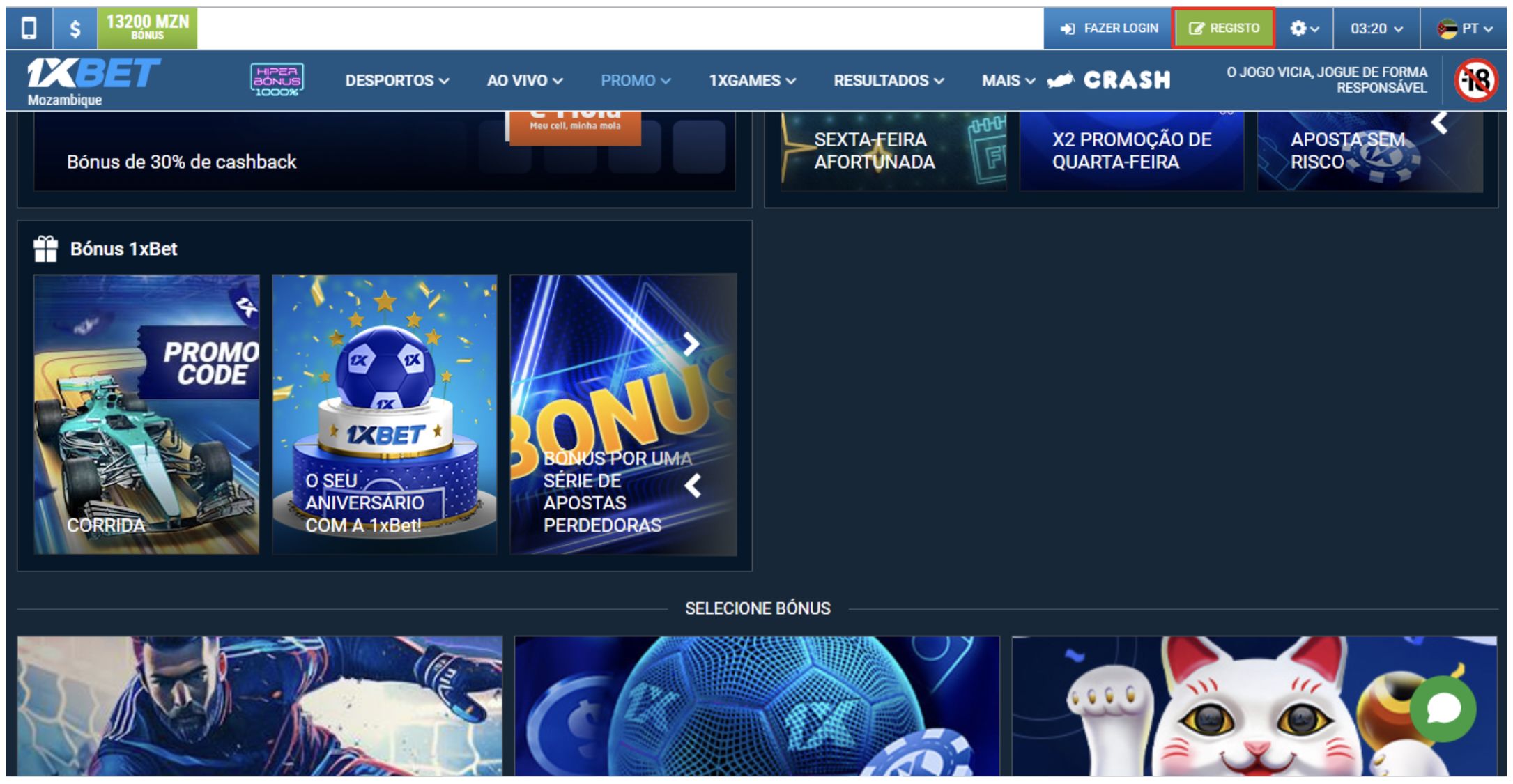 Registo na 1xBet online
