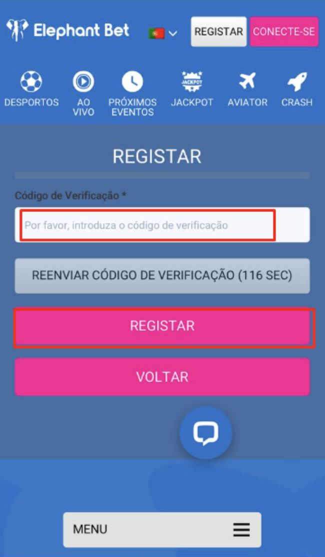 Código de verificação para registar na Elephant Bet mobile