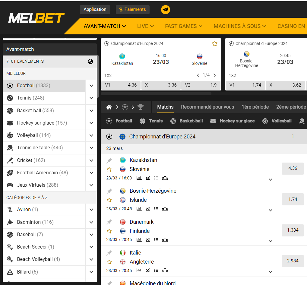 Quelques sports disponibles sur Melbet