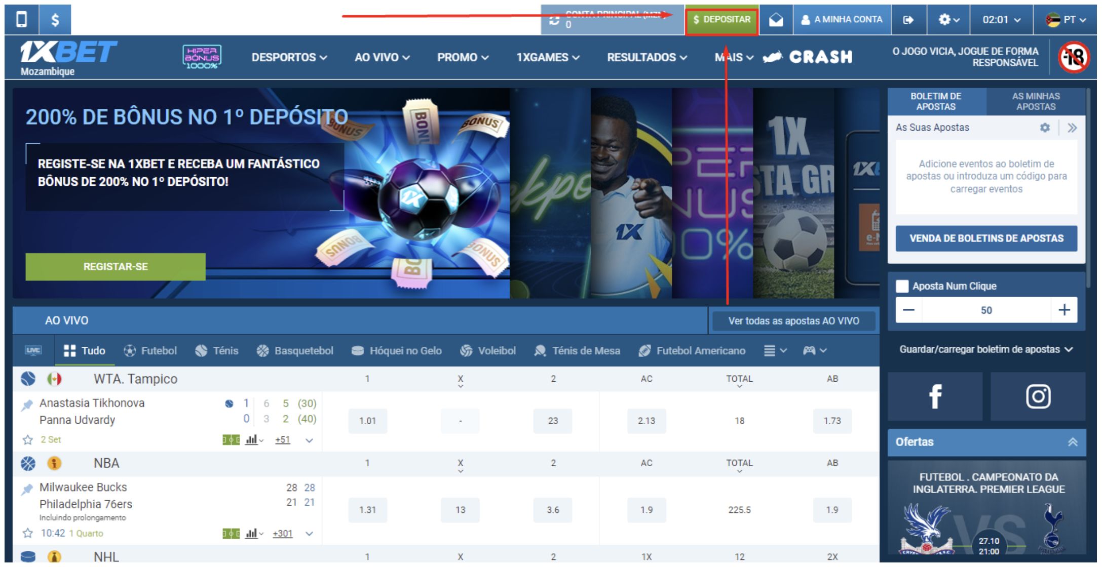 Página inicial da 1xBet online