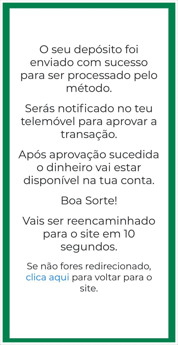 Mensagem de confirmação de depósito da Premier Bet Moçambique