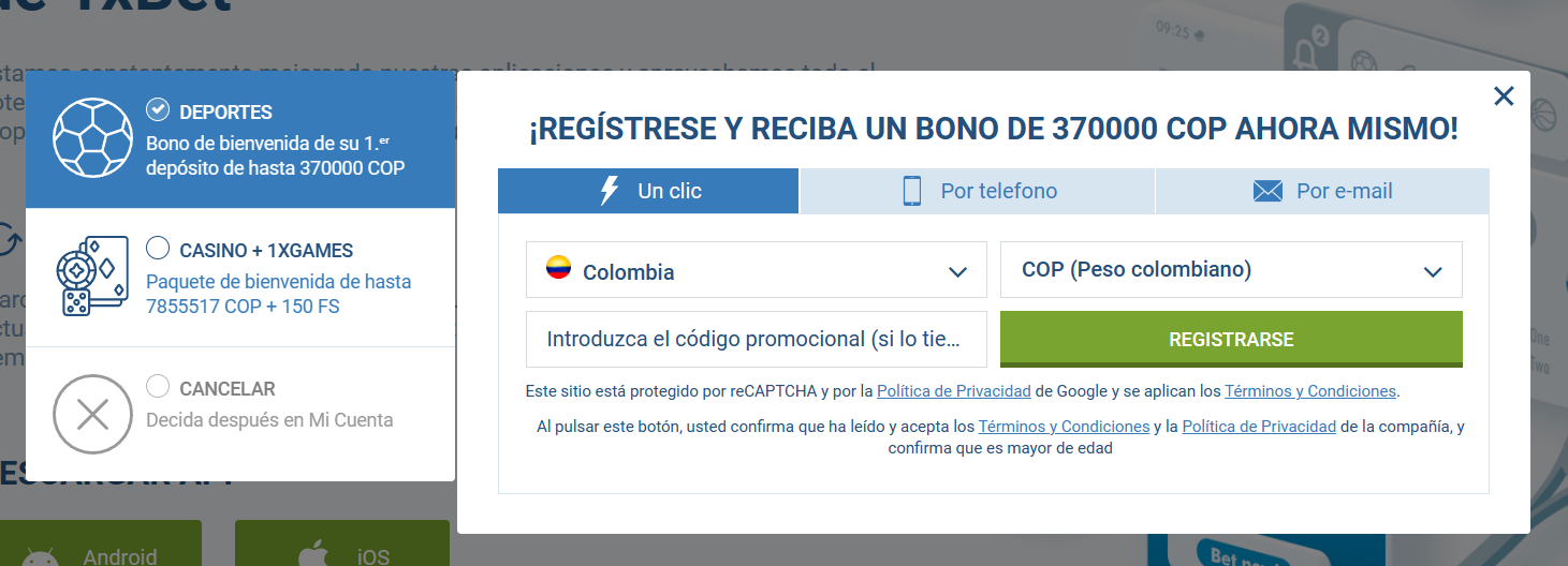 la página de registro de 1xbet web