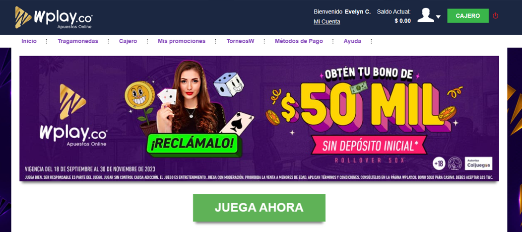 Bono de registro casino en Wplay