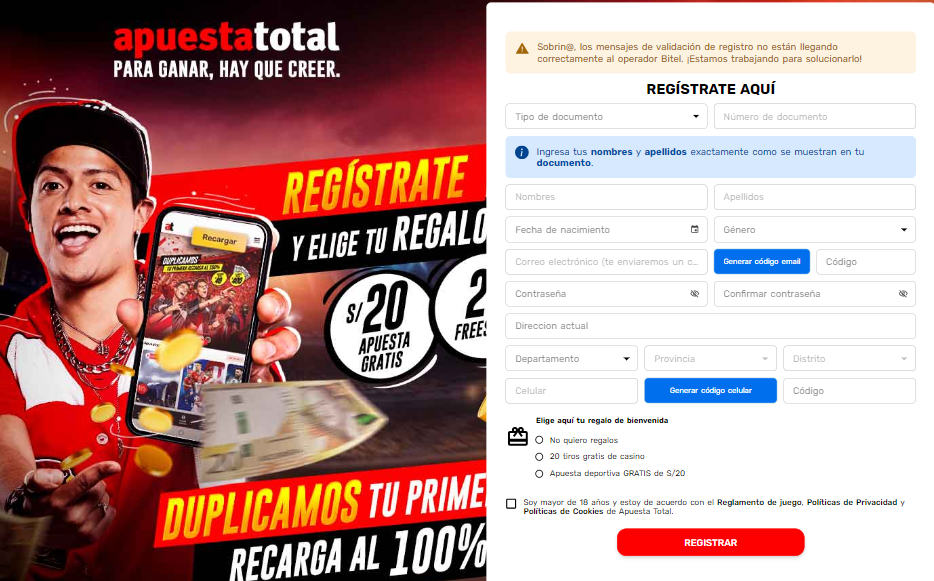 Se muestra el Formulario de registro de Apuesta Total
