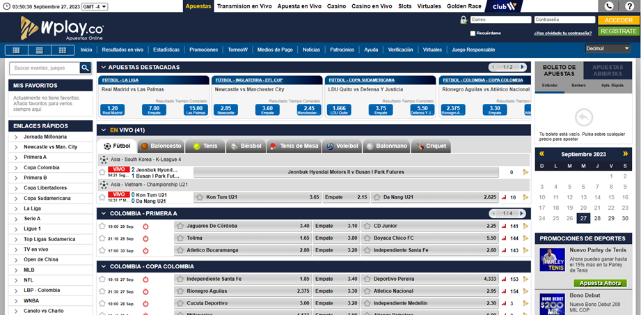 Se muestra la página principal de apuestas deportivas convencionales en Wplay